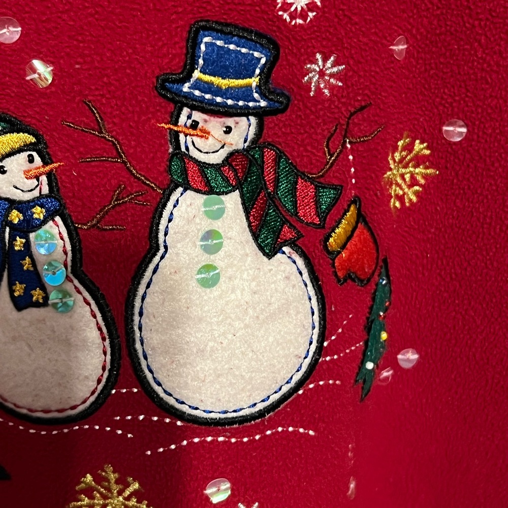 XL Vintage Embroidred Beaded Appliqué Snowmen Christmas trees Holiday Top - Picture 5 of 7